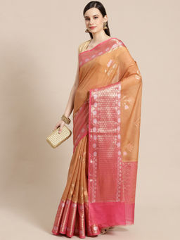 Banarasi Silk Works - Maheswari Cotton Woven Saree Orange with Unstitched Blouse