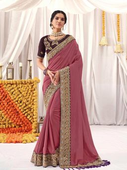 Odette - Mahotsav Womens Pink Vichitra Silk Solid Saree with Unstitched Blouse
