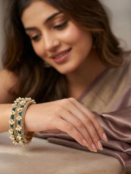 Accessher - Stone Studded Gold Green Floral Bangles
