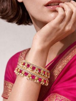 Accessher - Stone Studded Gold Pink Floral Pearl Bangles