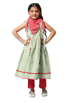Biba - Girls Cotton Green Kurta with Pant and Dupatta (Set of 3)