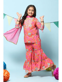 Biba - Girls Cotton Orange Kurta with Sharara and Dupatta (Set of 4)