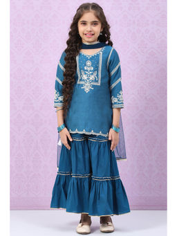 Biba - Girls Polyester Blue Kurta with Sharara and Dupatta (Set of 3)
