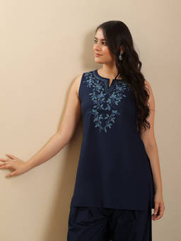 QAZMI - Navy Blue Women Embroidered Sleeveless Embroidered Kurti