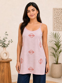 QAZMI - Pink Women Embroidered Sleeveless Embroidered Kurti