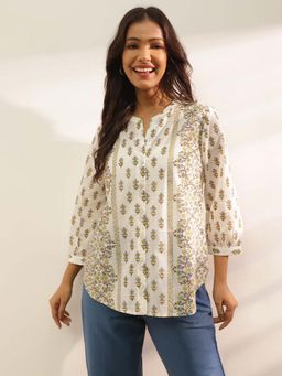 Fabindia - White Cotton Hand Block Printed Top