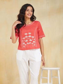 Fabindia - Red Cotton Chikankari Short Top
