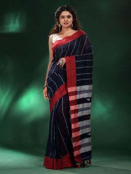 CHARUKRITI - Blue Handspun Cotton Handwoven Saree with Unstitched Blouse