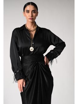 ANYSA - Women Black Solid Furr Sleeves Shirt