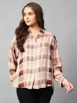 KOTTY - Women Beige and Maroon Oversized Printed Shirt