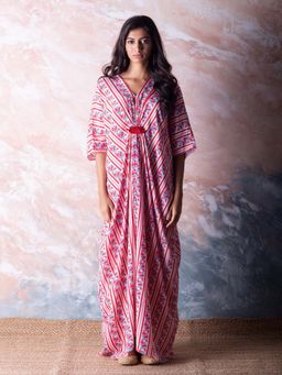 Vama Asher - Red Bird Kaftan Dress with Slip (Set of 2)