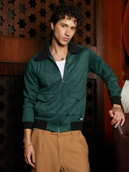 Campus Sutra - Emerald Green Zip-Front Jacket with Fleece Collar