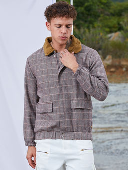 Campus Sutra - Brown Tartan Plaid Jacket with Fleece Collar
