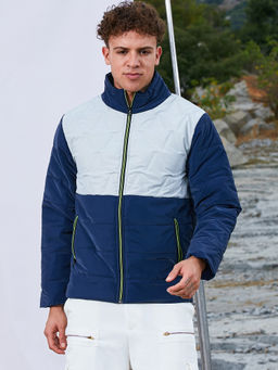 Campus Sutra - Navy Blue and Moon Grey Parachute Puffer Jacket