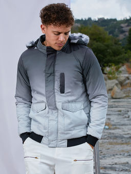 Campus Sutra - Charcoal Black and Light Grey Ombre Puffer Jacket with Fleece Hood