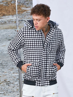 Campus Sutra - Carbon Black and Chalk White Checkboard Puffer Jacket with Fleece Hood