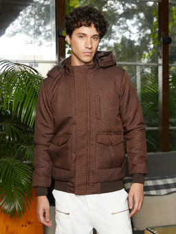 Campus Sutra - Chocolate Brown Self-Design Diamond Puffer Jacket with Fleece Hood