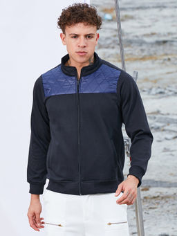 Campus Sutra - Black and Blue Zip-Front Jacket with Quilted Detail