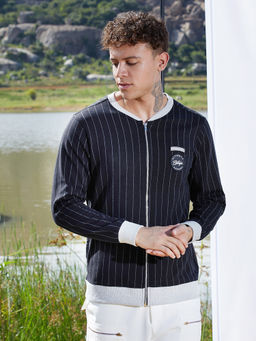 Campus Sutra - Navy Blue Pinstriped Jacket with Contrast Hem