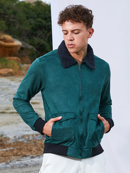 Campus Sutra - Emerald Green Zip-Front Jacket with Fleece Collar