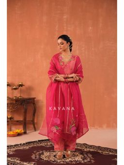 KAVANA - Women Embroidered Pink Varnika Silk Tissue Kurta and Pant