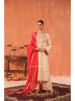 KAVANA - Women Embroidered White Ritu Raw Silk Kurta with Palazzo