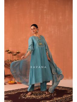 KAVANA - Women Embroidered Blue Varuna Chanderi Kurta and Pant