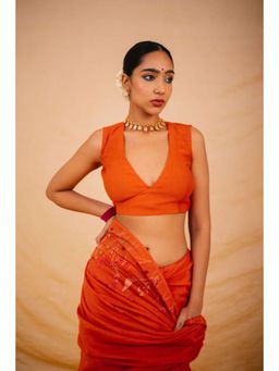 KAVANA - Women Orange Chanderi Mina Stitched Blouse
