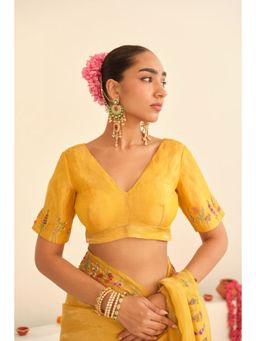 KAVANA - Women Embroidered Yellow Sunehri Silk Tissue Stitched Blouse