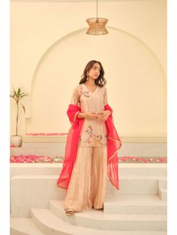 KAVANA - Women Embroidered Beige Aarohi Silk Tissue Kurti with Sharara