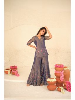 KAVANA - Women Embroidered Purple Tanvi Silk Tissue Kurta and Sharara