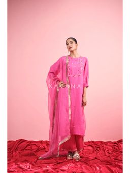 KAVANA - Women Pink Embroidered Gulabi Linen Straight Kurta with Palazzo