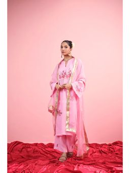 KAVANA - Women Pink Floral Print Gulab Linen Straight Kurta with Palazzos