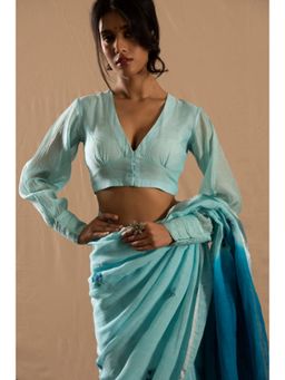 KAVANA - Women Aqua Puff Sleeves Leher Chanderi Stitched Blouse
