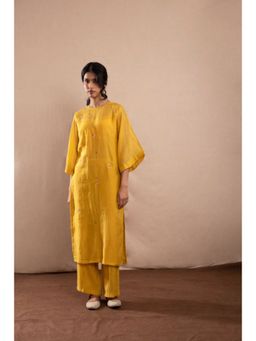 KAVANA - Women Embroidered Mustard Zafran Kurta and Pant