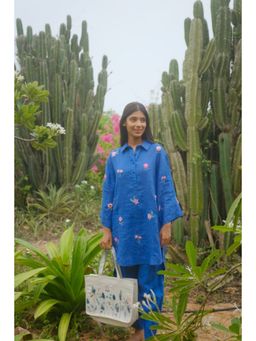 KAVANA - Women Embroidered Blue Sidra Linen Kurta and Pant Co-Ord