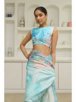 KAVANA - Women Floral Print Blue Dariya Linen Stitched Blouse