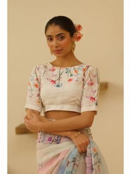 KAVANA - Women Floral Embroidered White Sofi Linen Stitched Blouse