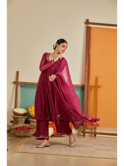 KAVANA - Women Embroidered Maroon Rozina Anarkali Kurta with Pant