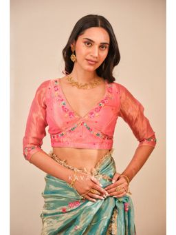 KAVANA - Women Floral Embroidered Pink Emerald Bloom Stitched Blouse
