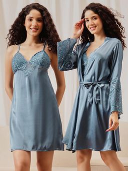 Clovia - Women Chic Basic Robe And Padded Babydoll - Satin