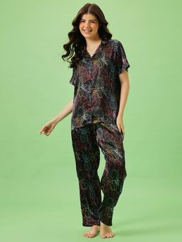 Clovia - Women Printed Satin Shirt And Pyjama Black