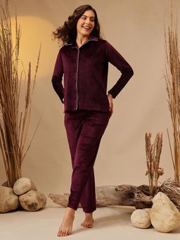 Clovia - Women Velour Button Down Shirt And Pyjama Wine