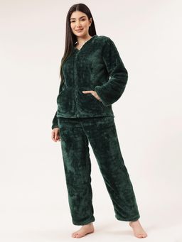 Clovia - Women Fleece Warm And Fluffy Jacket And Pyjama Green