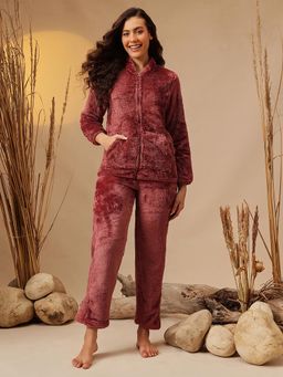 Clovia - Women Fleece Warm And Fluffy Jacket And Pyjama Maroon