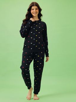 Clovia - Women Terry Cotton Printed Sweatshirt And Joggers Navy Blue
