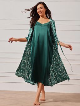 Clovia - Women Satin Solid Long Nighty And Printed Robe