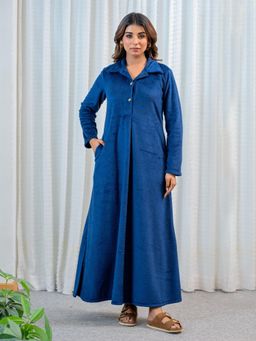 FEATHERS CLOSET - Super Soft Navy Blue Collared Woollen Nightdress