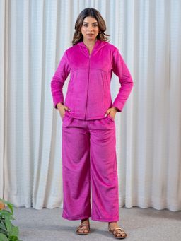 FEATHERS CLOSET - Hot Pink Super Soft Woollen Zip-Up Hoodie Sweatshirt With Pyjama