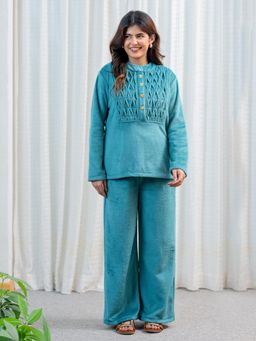 FEATHERS CLOSET - Super Soft Sea Green Pintuck Short Kurti Woollen With Pyjama